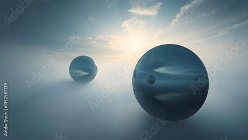 Obraz na płótnie Foggy Landscape with Floating Reflective Spheres Surreal Digital Art w salonie