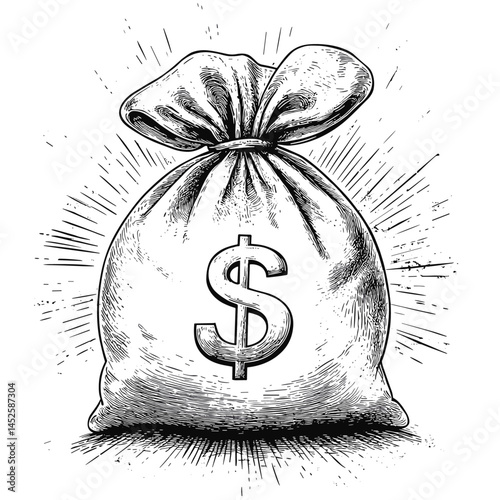 Hand holding money bag, dollar symbol, black sketch, vintage woodcut style, engraving illustration, retro art, hand drawn vector, finance concept, antique etching, classic drawing,