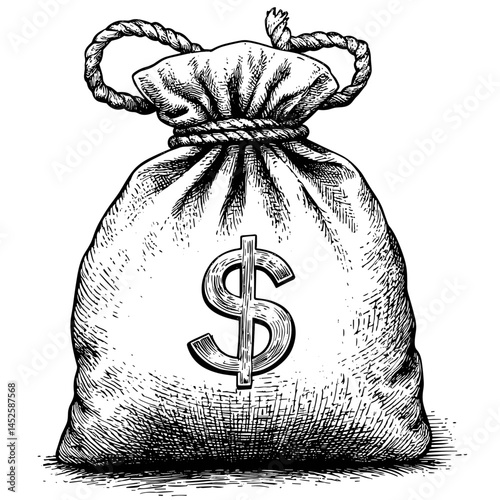 Money bag with dollar sign, vintage style hand sketch, woodcut black illustration, old engraving art, retro finance design, hand drawn vector, traditional etching, classic artwork,