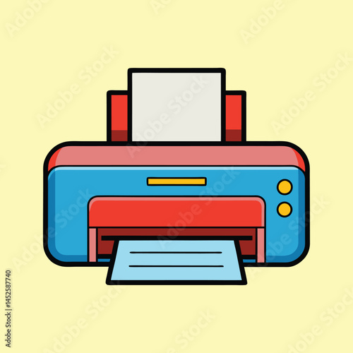 Cartoon printer illustration, with paper, isolated on a light yellow background