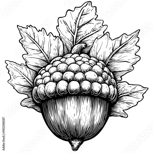 Vintage Acorn Sketch, Monochrome Woodcut Vector, Old Engraving Aesthetic, Hand Drawn Forest Nut, Rustic Nature Element, Trendy Black Ink Art, tree nut illustration, botanical forest style,