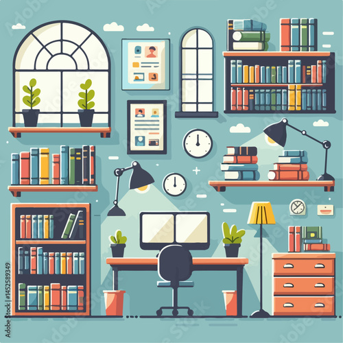 Cartoon illustration of a library with various books