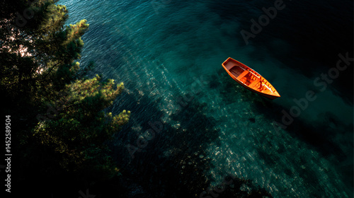 A scenic aerial shot of an orange boat on clear water, perfect for serene summer vacation vibe and nature picture taking