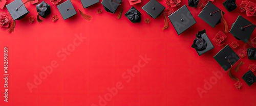Graduation themed flatlay on red