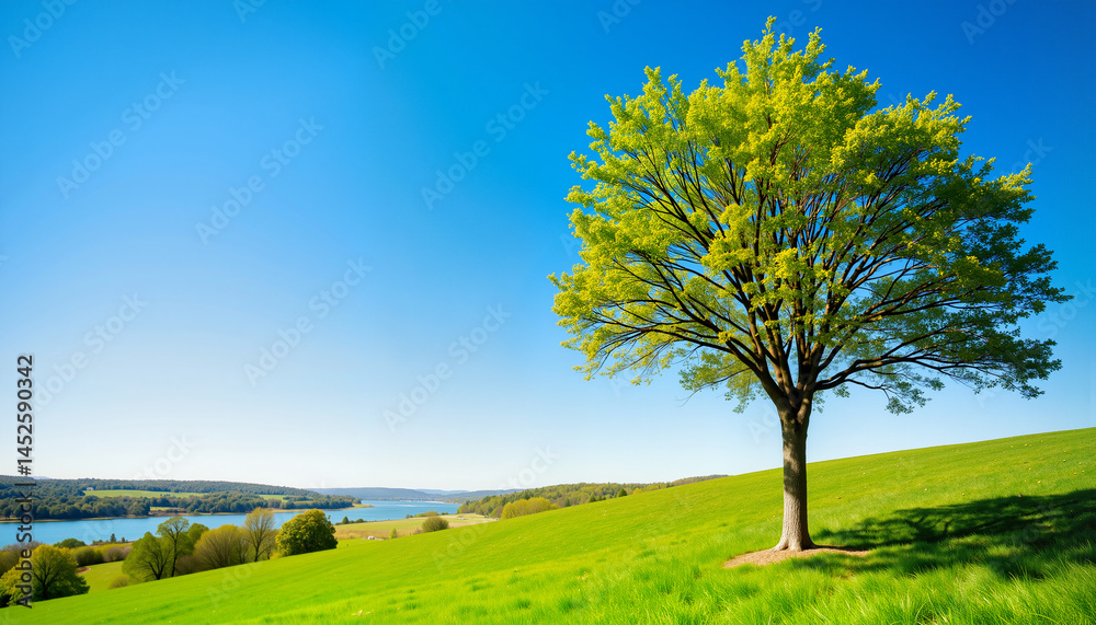 Fototapeta premium Lush green tree standing alone against clear blue sky 