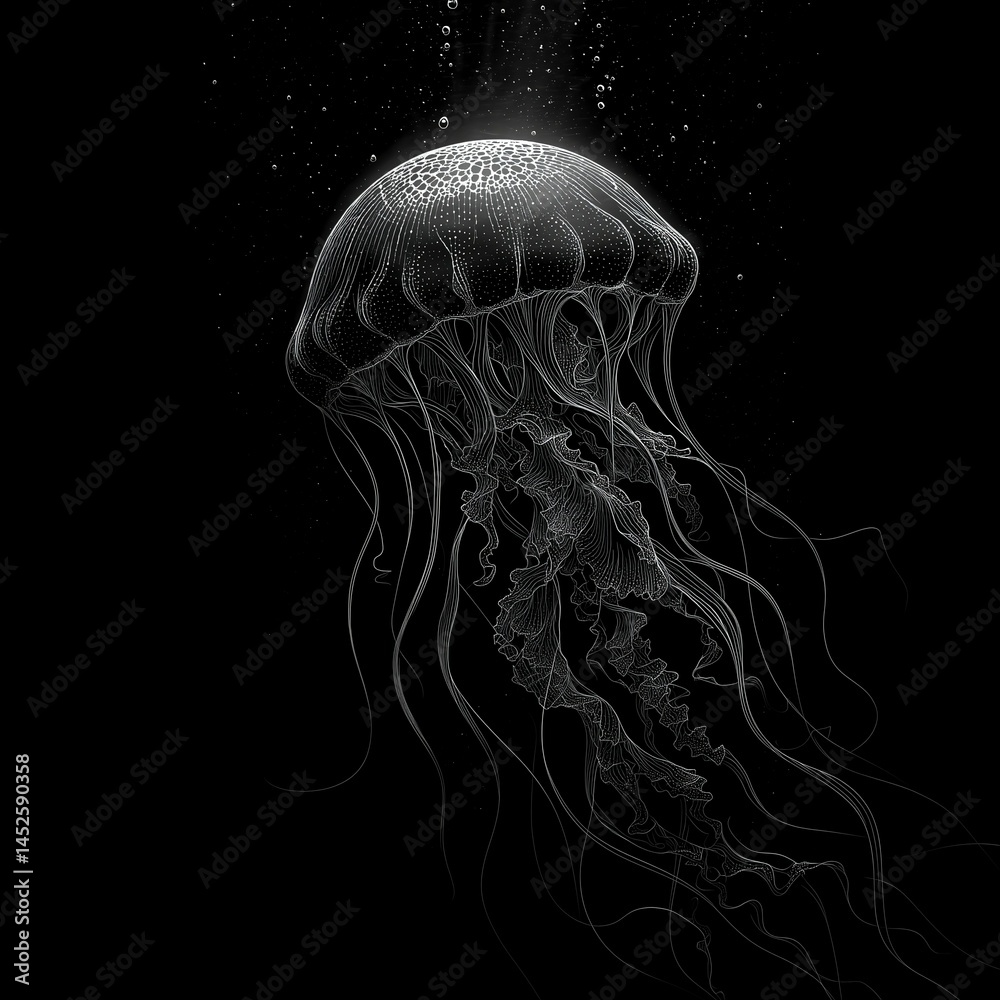 Abstract bioluminescent jellyfish glowing in the dark ocean, creating an ethereal and magical atmosphere. The deep blue color scheme adds to its enchanting allure. Ai generative