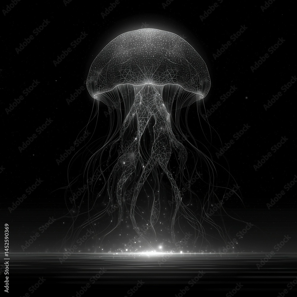 Abstract bioluminescent jellyfish glowing in the dark ocean, creating an ethereal and magical atmosphere. The deep blue color scheme adds to its enchanting allure. Ai generative
