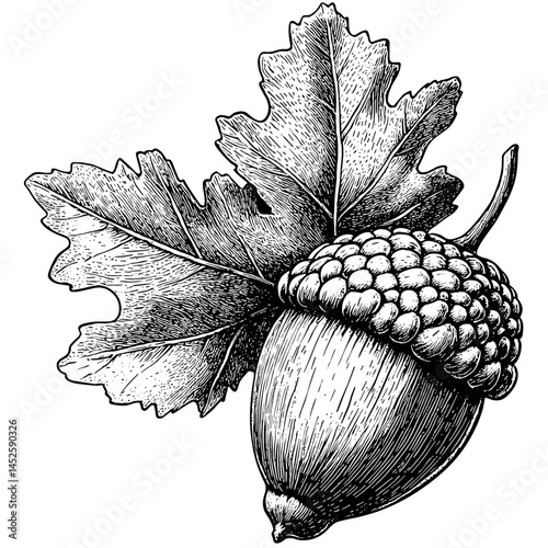 Black and white Oak Acorn, vintage hand drawn style, rustic forest engraving, old block print look, nature vector, woodland botanical illustration, grunge textured sketch,