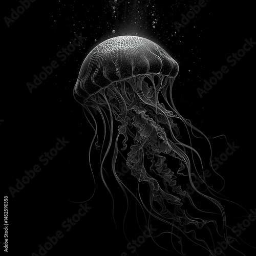 Obraz na płótnie Abstract bioluminescent jellyfish glowing in the dark ocean, creating an ethereal and magical atmosphere. The deep blue color scheme adds to its enchanting allure. Ai generative w salonie