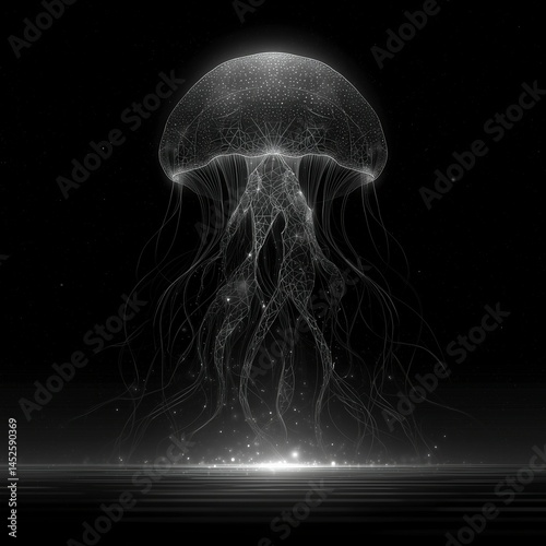 Obraz na płótnie Abstract bioluminescent jellyfish glowing in the dark ocean, creating an ethereal and magical atmosphere. The deep blue color scheme adds to its enchanting allure. Ai generative w salonie