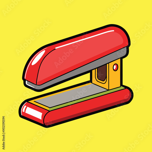 Cartoon red stapler on yellow background, office tool for fastening paper