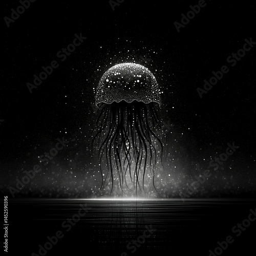 Obraz na płótnie Abstract bioluminescent jellyfish glowing in the dark ocean, creating an ethereal and magical atmosphere. The deep blue color scheme adds to its enchanting allure. Ai generative w salonie