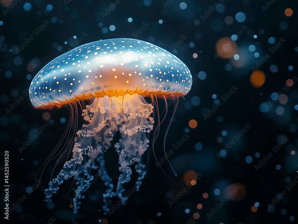 Abstract bioluminescent jellyfish glowing in the dark ocean, creating an ethereal and magical atmosphere. The deep blue color scheme adds to its enchanting allure. Ai generative