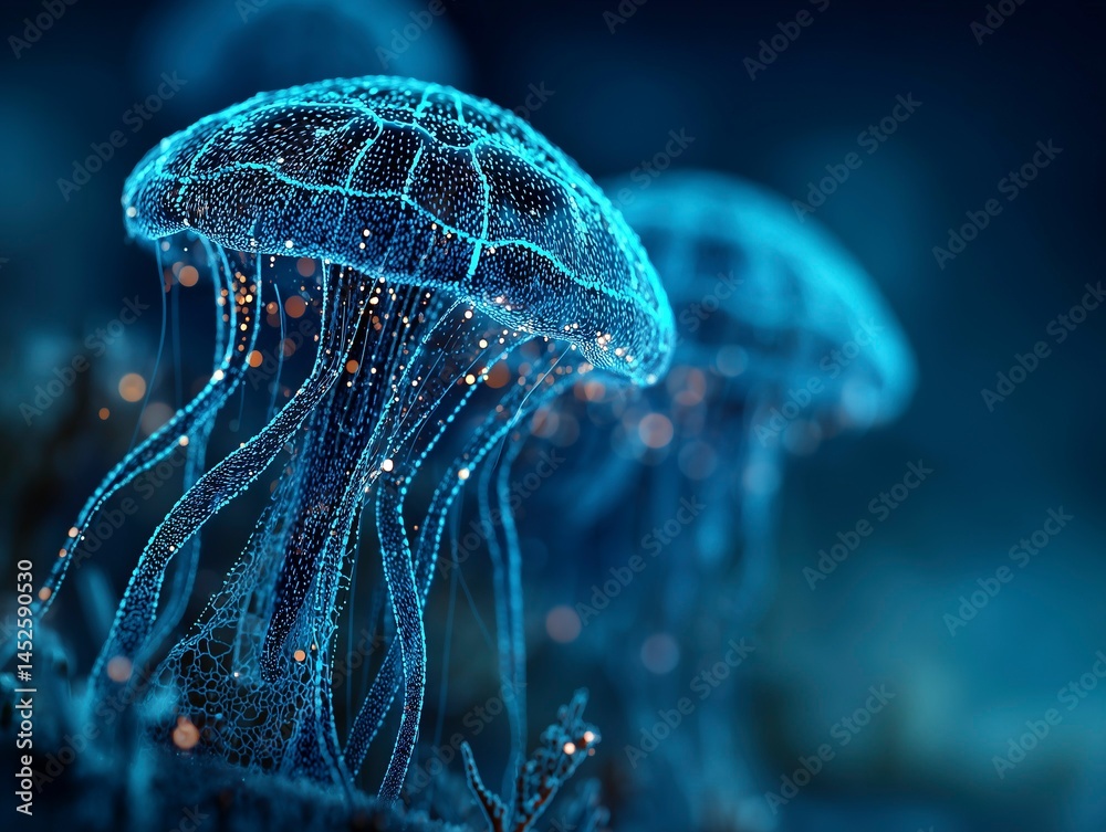 Abstract bioluminescent jellyfish glowing in the dark ocean, creating an ethereal and magical atmosphere. The deep blue color scheme adds to its enchanting allure. Ai generative