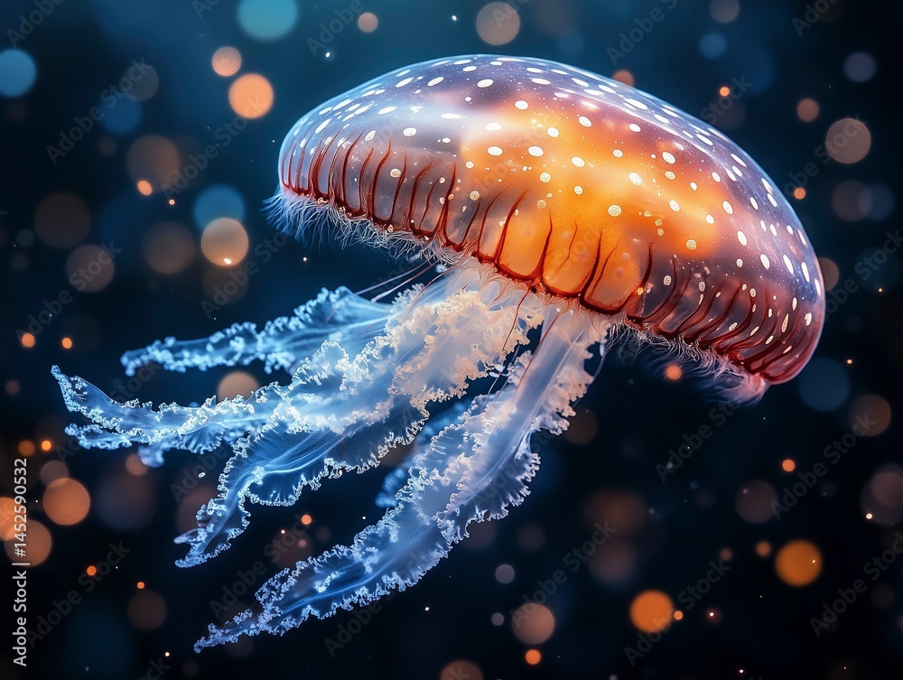Abstract bioluminescent jellyfish glowing in the dark ocean, creating an ethereal and magical atmosphere. The deep blue color scheme adds to its enchanting allure. Ai generative