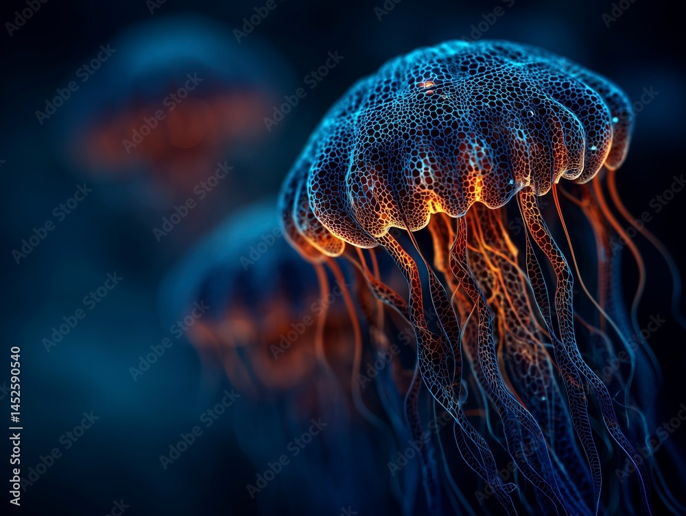 Abstract bioluminescent jellyfish glowing in the dark ocean, creating an ethereal and magical atmosphere. The deep blue color scheme adds to its enchanting allure. Ai generative