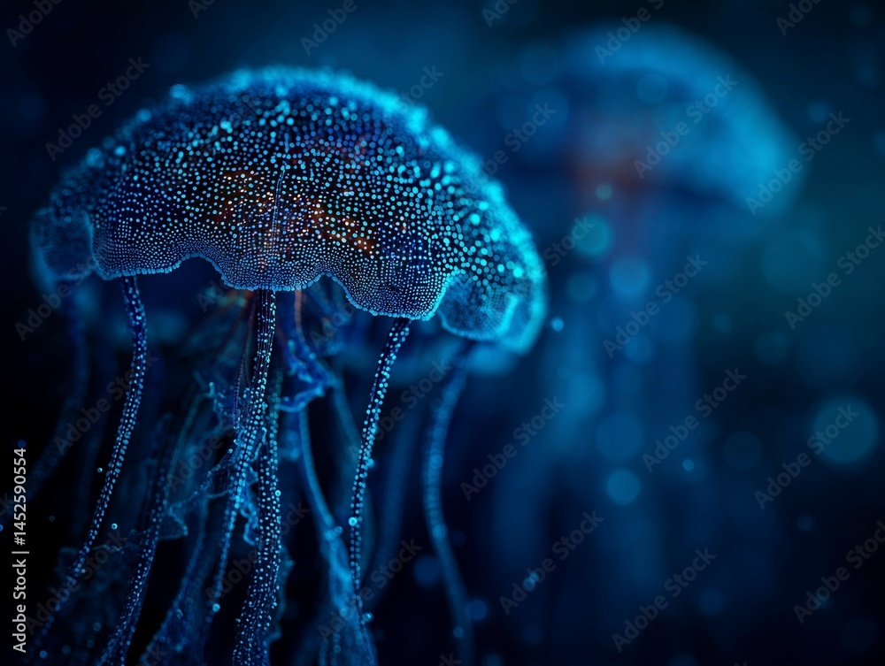 Abstract bioluminescent jellyfish glowing in the dark ocean, creating an ethereal and magical atmosphere. The deep blue color scheme adds to its enchanting allure. Ai generative