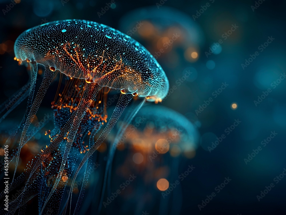 Abstract bioluminescent jellyfish glowing in the dark ocean, creating an ethereal and magical atmosphere. The deep blue color scheme adds to its enchanting allure. Ai generative
