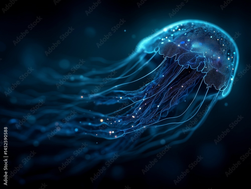 Abstract bioluminescent jellyfish glowing in the dark ocean, creating an ethereal and magical atmosphere. The deep blue color scheme adds to its enchanting allure. Ai generative