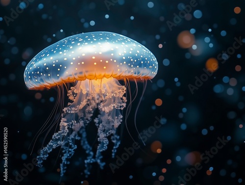 Obraz na płótnie Abstract bioluminescent jellyfish glowing in the dark ocean, creating an ethereal and magical atmosphere. The deep blue color scheme adds to its enchanting allure. Ai generative w salonie