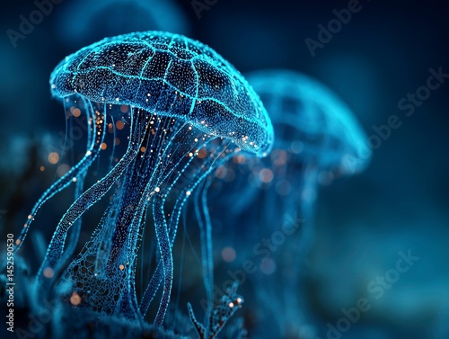 Obraz na płótnie Abstract bioluminescent jellyfish glowing in the dark ocean, creating an ethereal and magical atmosphere. The deep blue color scheme adds to its enchanting allure. Ai generative w salonie