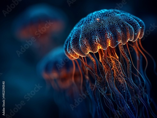 Obraz na płótnie Abstract bioluminescent jellyfish glowing in the dark ocean, creating an ethereal and magical atmosphere. The deep blue color scheme adds to its enchanting allure. Ai generative w salonie