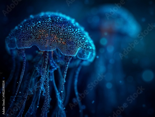 Obraz na płótnie Abstract bioluminescent jellyfish glowing in the dark ocean, creating an ethereal and magical atmosphere. The deep blue color scheme adds to its enchanting allure. Ai generative w salonie