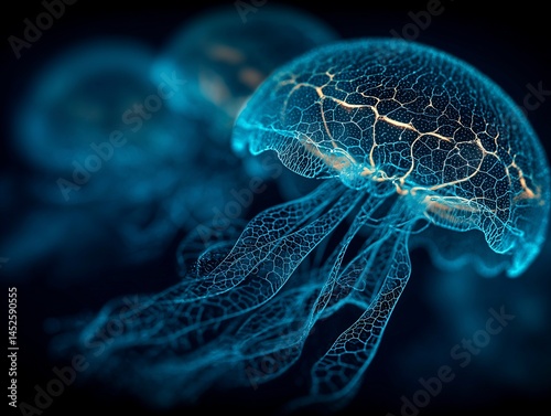 Obraz na płótnie Abstract bioluminescent jellyfish glowing in the dark ocean, creating an ethereal and magical atmosphere. The deep blue color scheme adds to its enchanting allure. Ai generative w salonie