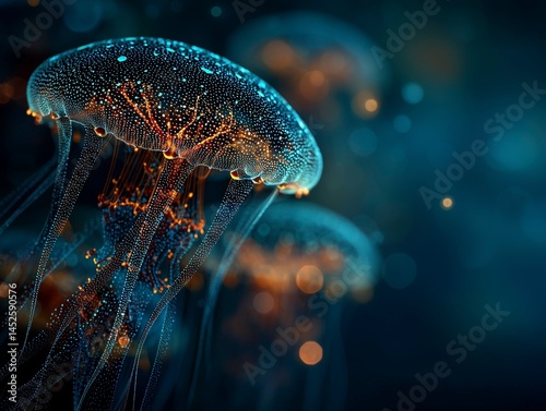 Obraz na płótnie Abstract bioluminescent jellyfish glowing in the dark ocean, creating an ethereal and magical atmosphere. The deep blue color scheme adds to its enchanting allure. Ai generative w salonie