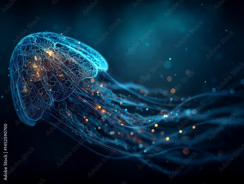 Abstract bioluminescent jellyfish glowing in the dark ocean, creating an ethereal and magical atmosphere. The deep blue color scheme adds to its enchanting allure. Ai generative