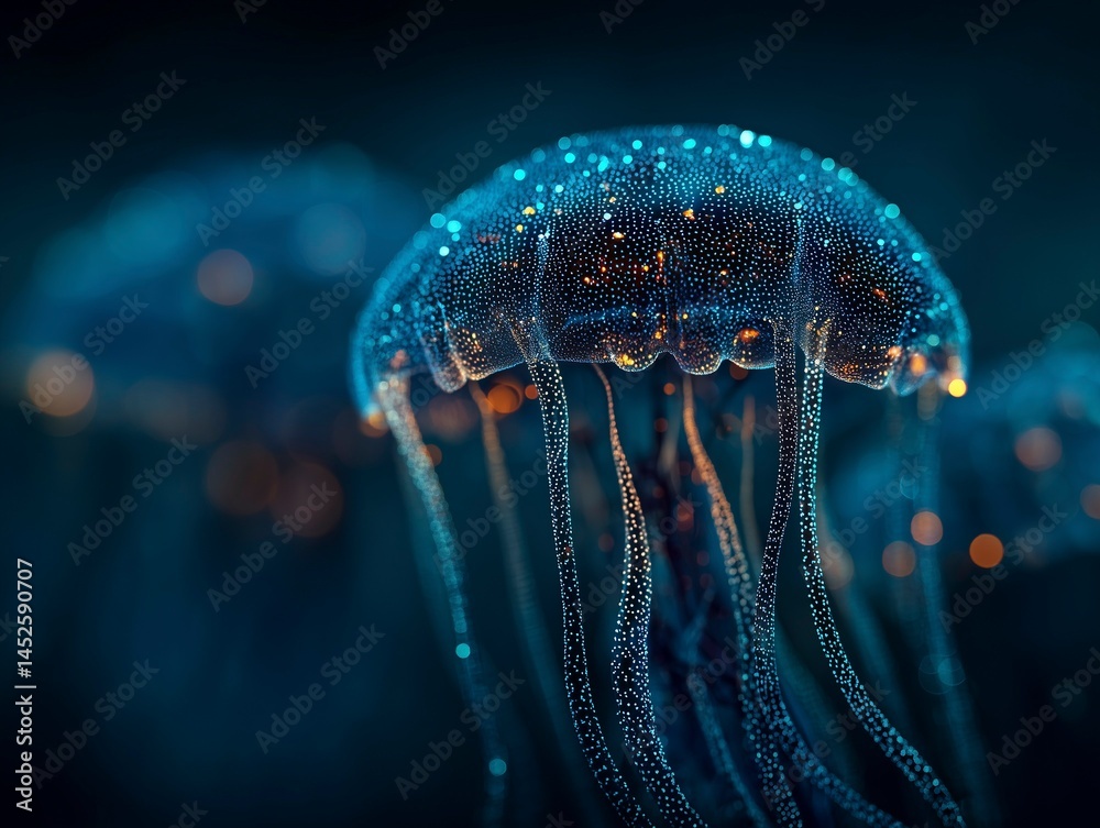 Abstract bioluminescent jellyfish glowing in the dark ocean, creating an ethereal and magical atmosphere. The deep blue color scheme adds to its enchanting allure. Ai generative