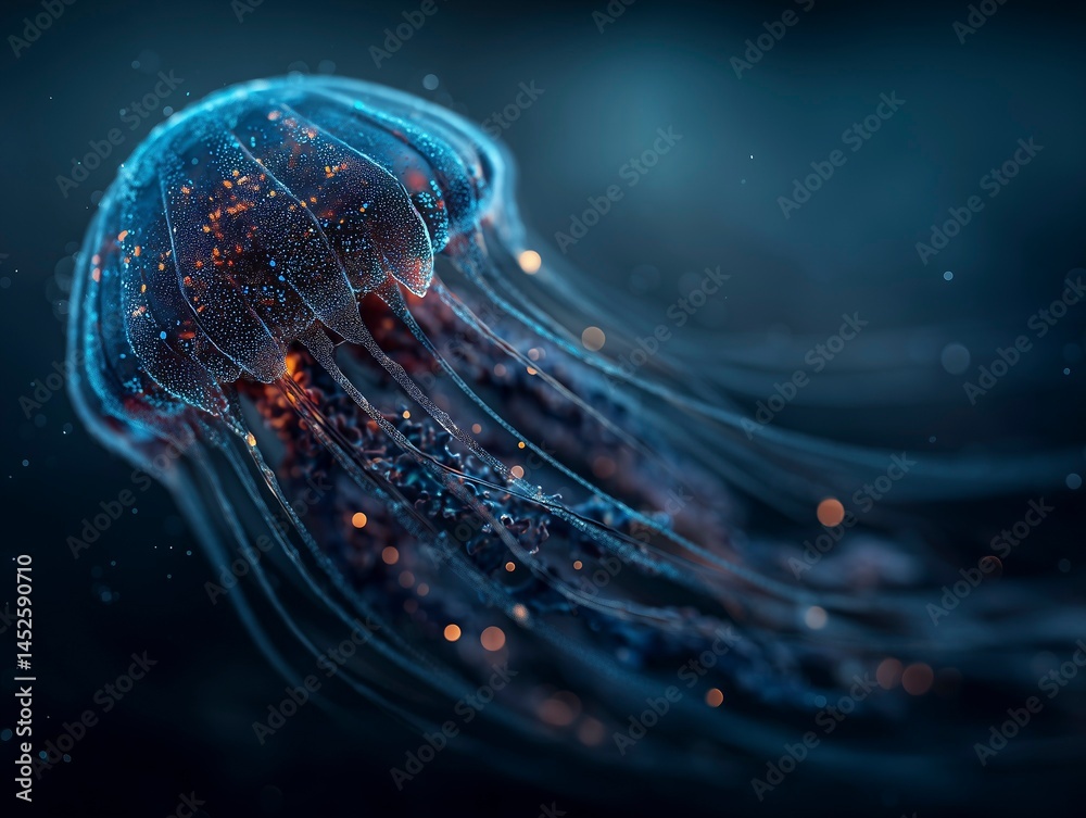 Abstract bioluminescent jellyfish glowing in the dark ocean, creating an ethereal and magical atmosphere. The deep blue color scheme adds to its enchanting allure. Ai generative