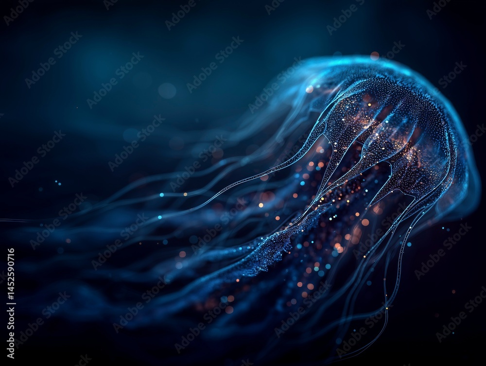 Abstract bioluminescent jellyfish glowing in the dark ocean, creating an ethereal and magical atmosphere. The deep blue color scheme adds to its enchanting allure. Ai generative