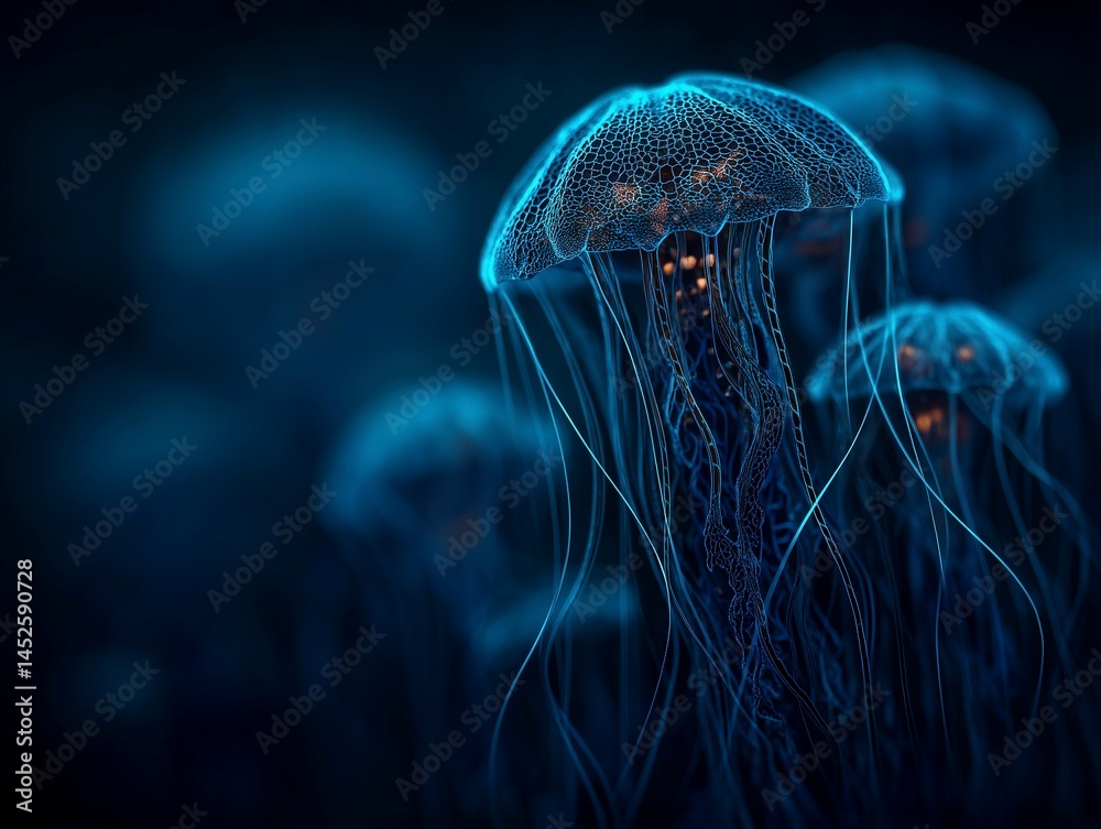 Abstract bioluminescent jellyfish glowing in the dark ocean, creating an ethereal and magical atmosphere. The deep blue color scheme adds to its enchanting allure. Ai generative