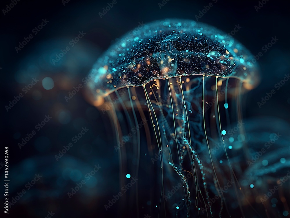 Abstract bioluminescent jellyfish glowing in the dark ocean, creating an ethereal and magical atmosphere. The deep blue color scheme adds to its enchanting allure. Ai generative