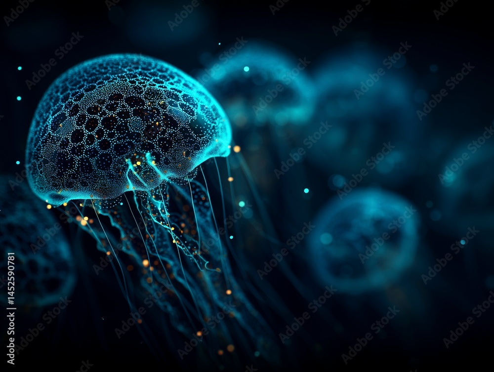 Abstract bioluminescent jellyfish glowing in the dark ocean, creating an ethereal and magical atmosphere. The deep blue color scheme adds to its enchanting allure. Ai generative