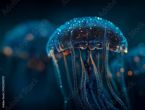 Obraz na płótnie Abstract bioluminescent jellyfish glowing in the dark ocean, creating an ethereal and magical atmosphere. The deep blue color scheme adds to its enchanting allure. Ai generative w salonie