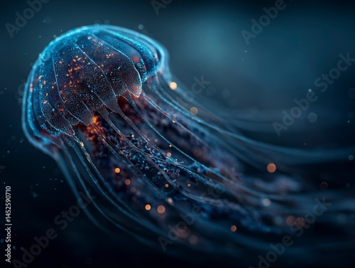 Abstract bioluminescent jellyfish glowing in the dark ocean, creating an ethereal and magical atmosphere. The deep blue color scheme adds to its enchanting allure. Ai generative