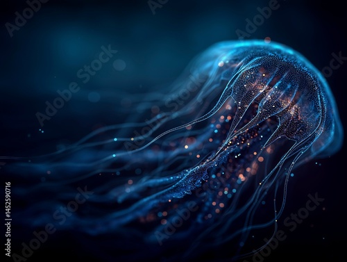Obraz na płótnie Abstract bioluminescent jellyfish glowing in the dark ocean, creating an ethereal and magical atmosphere. The deep blue color scheme adds to its enchanting allure. Ai generative w salonie