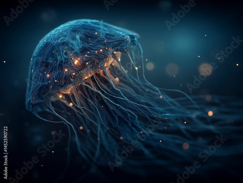 Abstract bioluminescent jellyfish glowing in the dark ocean, creating an ethereal and magical atmosphere. The deep blue color scheme adds to its enchanting allure. Ai generative