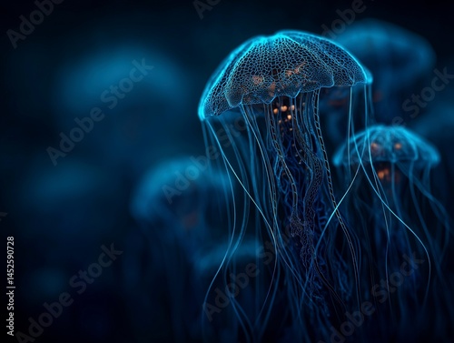 Obraz na płótnie Abstract bioluminescent jellyfish glowing in the dark ocean, creating an ethereal and magical atmosphere. The deep blue color scheme adds to its enchanting allure. Ai generative w salonie