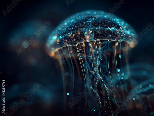 Abstract bioluminescent jellyfish glowing in the dark ocean, creating an ethereal and magical atmosphere. The deep blue color scheme adds to its enchanting allure. Ai generative
