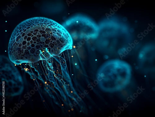 Obraz na płótnie Abstract bioluminescent jellyfish glowing in the dark ocean, creating an ethereal and magical atmosphere. The deep blue color scheme adds to its enchanting allure. Ai generative w salonie