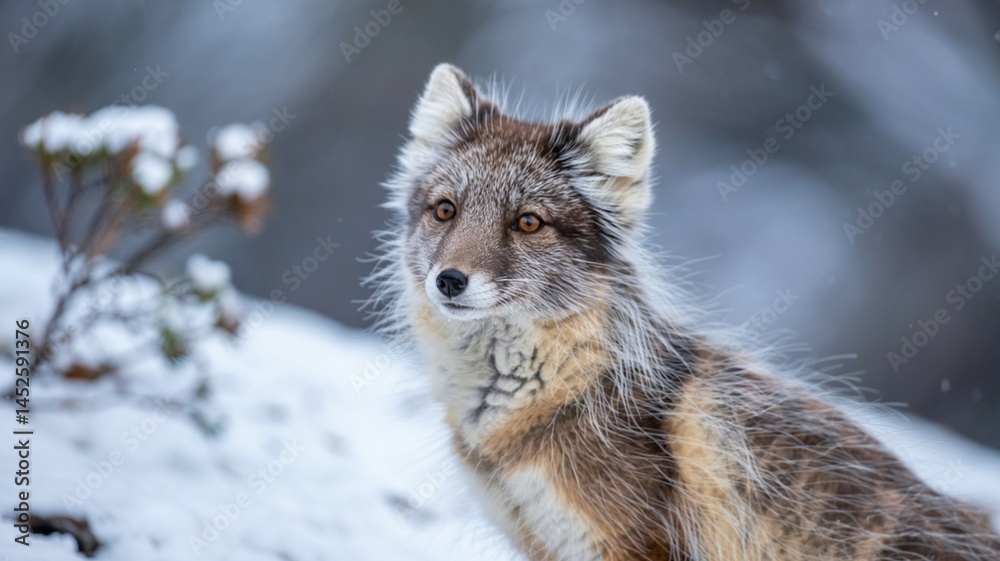 Obraz premium Close-up of Arctic fox with white fur blending into snow, in soft natural lighting