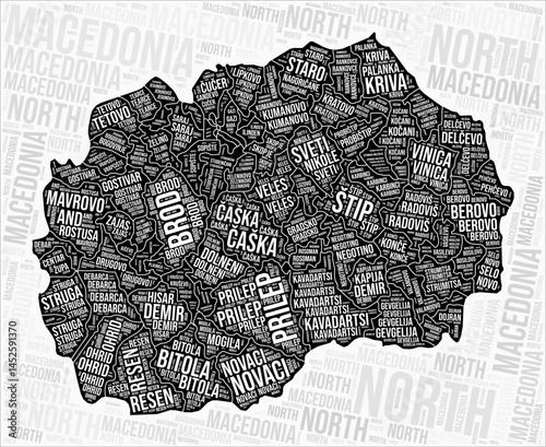 North Macedonia regions map word cloud. North Macedonia region names. Black and white map design. Stylish vector illustration.