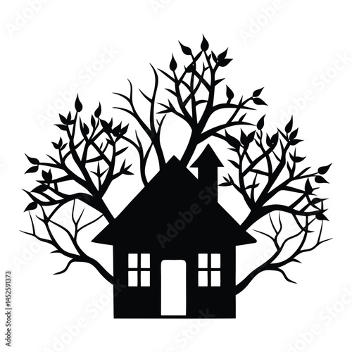 Silhouette of a house with tree branches growing from roof on white background