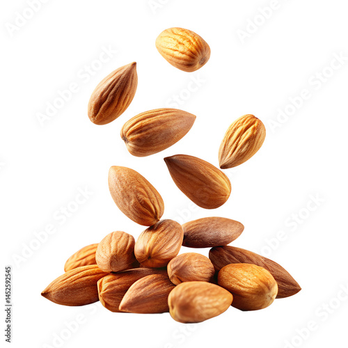 almond nuts falling in the air isolated on transparent background, png