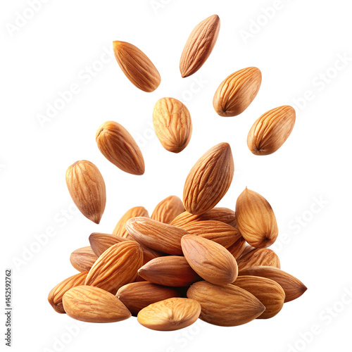 almond nuts falling in the air isolated on transparent background, png
