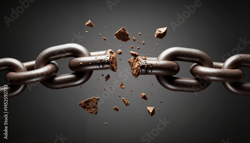 Broken chain with flying debris against a dark background   photo