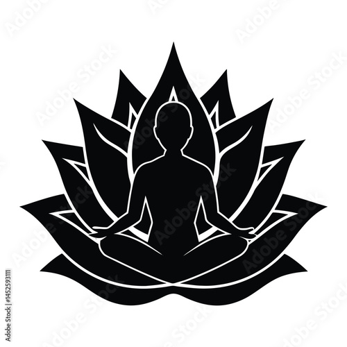 Meditating figure inside lotus silhouette on white background
